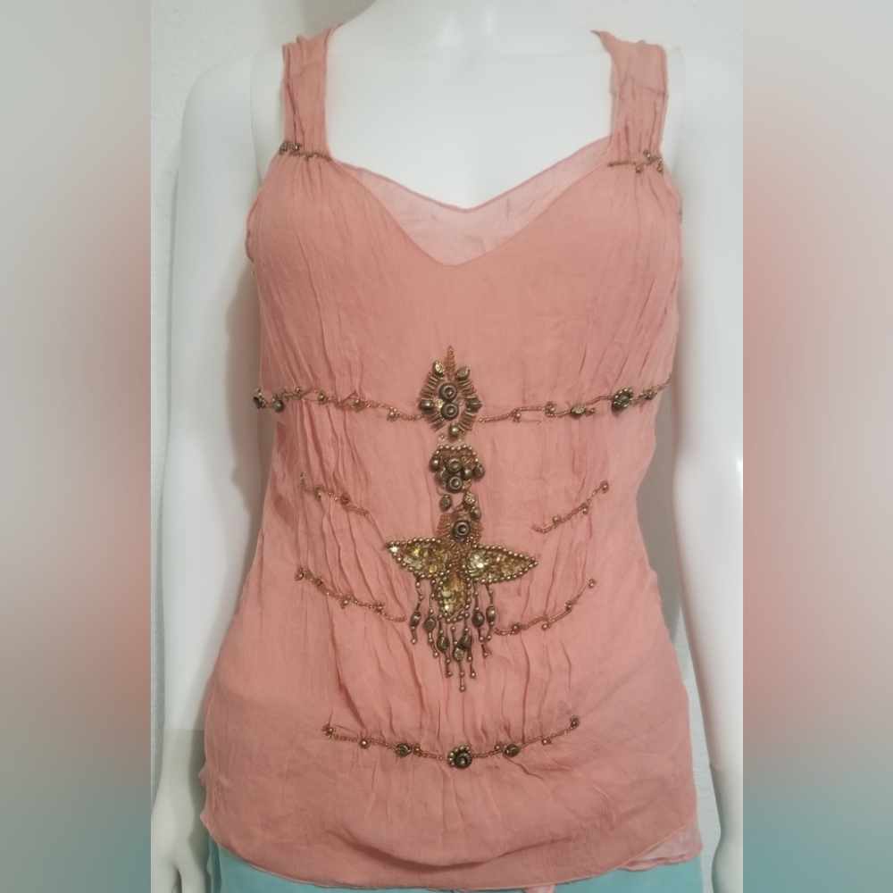 HALE BOB MEDIUM SILK BEADED CORAL TANK CAMISOLE